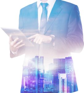 Modern Property Management – Businessman Using Digital Technology for Urban Real Estate Solutions Property Management